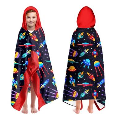 Imagem de CZZDERAM Universe Print Toalhas de praia com capuz para meninos de 4 a 8 anos, toalhas de banho com capuz para crianças adolescentes meninos 76 x 127 cm de secagem rápida azul escuro toalha infantil