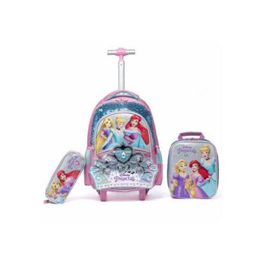 Imagem de Kit Mochila Lancheira Estojo Princesas Infantil Rodinha Escolar Disney