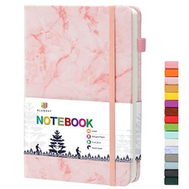 Imagem de BLUMOST Cadernos pautados com alça para caneta, caderno de capa dura para trabalho, papel grosso premium 100 g/m² com bolso interno, médio 12,7 x 21 cm, (rosa mármore)