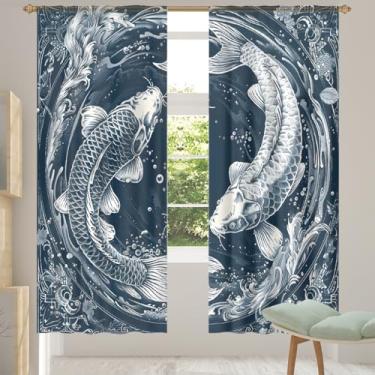 Imagem de 2 conjuntos de painéis de cortinas transparentes azuis retrô de carpa animal, cortinas transparentes arejadas com filtro leve, painéis de cortina de porta e janela para sala de estar, quarto, jantar