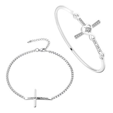 Imagem de LQRI I Can Do All Things Phil 4:13 Conjunto de pulseiras cruzadas, joias cristãs, versículo bíblico, presente para mulheres, presente baseado na fé, Small, Cobre, Cobre