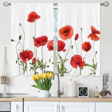 Imagem de Gpiaoyfo Cortinas de cozinha de papoulas vermelhas lindas flores flores verdes campo de sementes cortinas de camada curta para banheiro, café, cortinas de janela pequena, tratamento 2 painéis (27,5 x