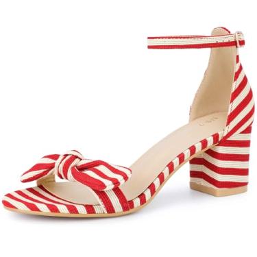 Imagem de Perphy Sandálias femininas de salto grosso com laço listrado e tira no tornozelo, Vermelho, 36