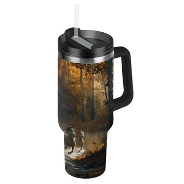 Imagem de SEHANY Copo Majestic Horse de 850 g com tampa e canudo, aço inoxidável de vácuo duplo isolado garrafa de água esportiva suporte de copo de café de viagem à prova de vazamento para bebida gelada