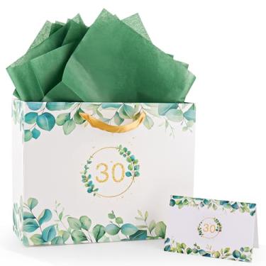 Imagem de Yiran Sacos de presente de folhas de eucalipto, bolsa de aniversário de 30 anos com papel e cartões de presente, decoração de festa de aniversário de 30 anos para homens