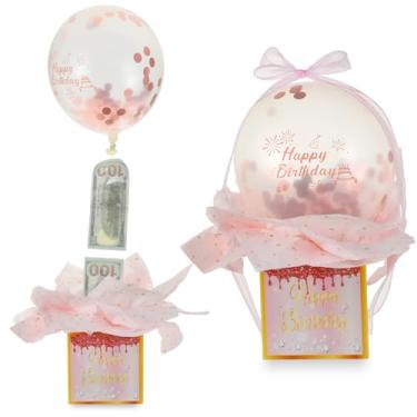 Imagem de APLZGMG Caixa de balão de dinheiro em ouro rosa, kit surpresa de aniversário com balões e fita, kit surpresa engraçado para mulheres e homens, caixa de presente de dinheiro surpresas para artigos de