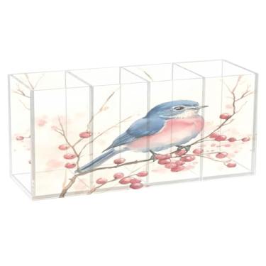 Imagem de SEHANY Lindo porta-canetas de acrílico com flores em aquarela, pássaro, 4 compartimentos, porta-lápis transparente, organizador de pincéis de maquiagem, organizador de papelaria para escritório, casa