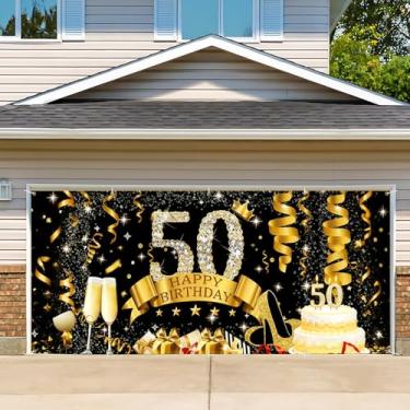 Imagem de Capa de porta de garagem de aniversário, cenário fotográfico de faixa de feliz aniversário, fundo de festa para decoração de parede interna e externa (50º aniversário, 2,1 x 4,9 m)
