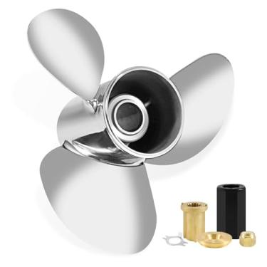 Imagem de FYMP Hélice de barco de popa Mercury de aço inoxidável 10,25 x 15 para motores Mercury 30 40 48 50 55 60 HP, kits de cubo de hélice de 10 1/4x15 incluídos 13 estrias dente direito