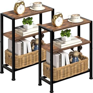 Imagem de Conjunto de 2 mesas laterais estreitas para espaços pequenos, mesa de canto pequena de 2 camadas com suporte de prateleira, mesa de cabeceira fina, mesa de sofá de lanche skinny na sala de estar,