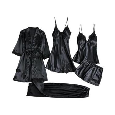 Imagem de Conjunto De Pijamas Femininos De Seda Gelada Com Camisola De Manga Lon