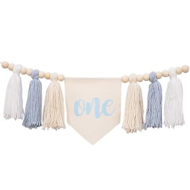 Imagem de First Birthday High Chair Banner, One Year Milestone Decoration with Wooden Beads and Tassels, Blue White Cream Colors, Nursery Wall Decor