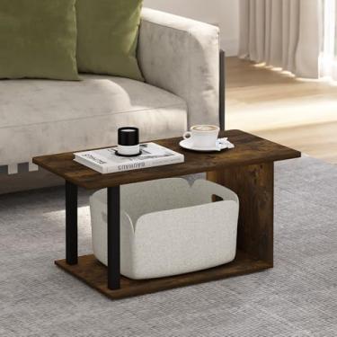 Imagem de Furinno Mesa de centro básica, mesa de centro moderna de 2 camadas com prateleira aberta, mesa lateral de fácil montagem, para sala de estar, quarto, escritório em casa, carvalho âmbar