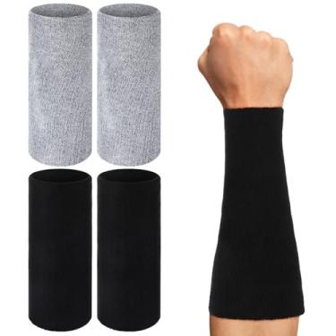 Imagem de Arrowbash 2 pares de pulseiras longas de 23 cm, pulseiras elásticas esportivas para suor, homens, mulheres, futebol, beisebol, basquete, ioga, tênis, corrida, atividades ao ar livre (preto, cinza)