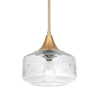 Imagem de Luminária pendente de ouro antigo de 22 cm com sombra de vidro, luzes pendentes vintage ilha de cozinha luzes pendentes escovadas para cozinha, luzes suspensas ajustáveis de meados do século para