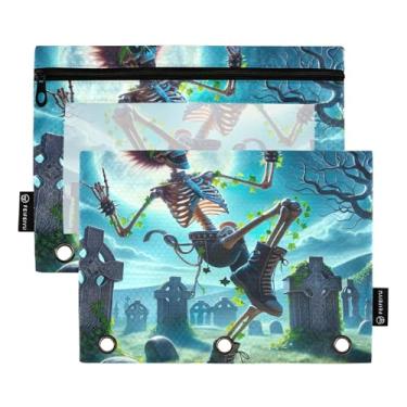 Imagem de GAIGEO Pasta de lápis para meninos com 3 anéis com zíper, fichário escolar, bolsos transparentes, esqueleto, cemitério, 25 x 18 cm, 2 pacotes