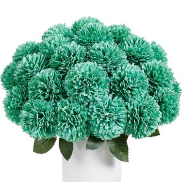 Imagem de SITUMEIZI 12 peças, flores azul-petróleo, crisântemos, artificiais, flores, bola, flores falsas, para casamento, casa, cozinha, decoração, arranjo floral