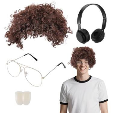 Imagem de Mepase Conjunto de 4 peças de fantasia de Halloween dos anos 80 para homens, peruca de cabelo afro-nerd, óculos dourados, tampão de dentes grandes, preto para fone de ouvido, maquete de personagem de