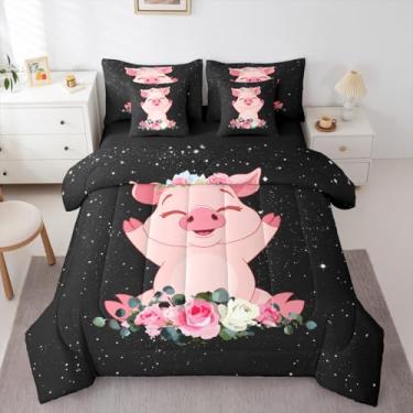 Imagem de Erosebridal Conjunto de edredom de porco rosa, 7 peças, para decoração de quarto kawaii, com folha floral rosa, fofo, animal de fazenda, estilo desenho animado, macio, leve