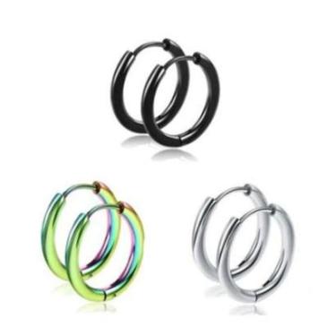 Imagem de Kit Brinco Masculino Feminino Argola 14mm Aço Inoxidável Prata Preto Holográfico 3 Pares-Unissex