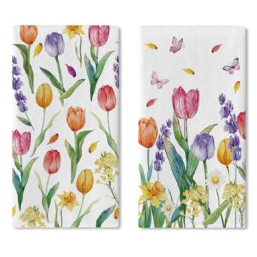 Imagem de Croar Conjunto de 2 toalhas de prato de cozinha de flores de tulipa de primavera, toalha de mão de secagem de borboleta floral aquarela, pano de cozimento, lavanda de verão, narciso, margarida