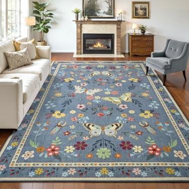 Imagem de Tepook Tapetes de área de impressão 15 x 23 cm para sala de estar, tapete floral de borboleta antiderrapante lavável para quarto, tapetes modernos de pilha baixa com suporte de borracha para sala de