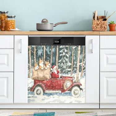 Imagem de xigua Capa magnética de Papai Noel e Corgi de Natal, adesivos magnéticos decorativos antiarranhões para painel de geladeira e lava-louças, decoração personalizada de cozinha doméstica 58 x 66 cm