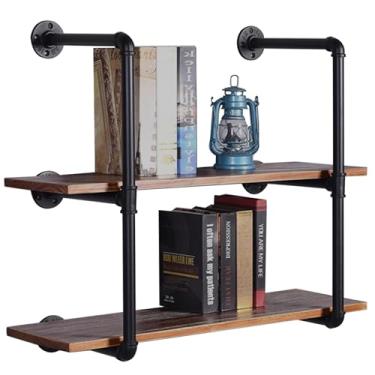 Imagem de pcagfaajmh Prateleira flutuante montada na parede, prateleiras de madeira rústica de 2 camadas com suportes de metal preto prateleira de exibição suspensa para decoração de cozinha/quarto/sala de