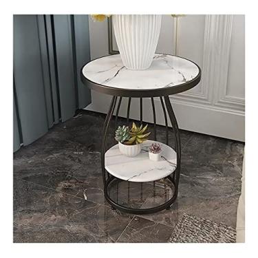Imagem de Mesa lateral redonda mesa de sofá de mármore pequena mesa de canto de 2 camadas com prateleira de armazenamento aberta com moldura de metal dourado (cor: ouro 1) (preto 1)
