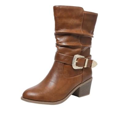 Imagem de Botas femininas casuais de inverno no tornozelo cor sólida bico fino com zíper lateral salto médio botas de camurça, Marrom, 35