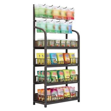 Imagem de Suporte de exibição de lanche para chão, grande supermercado lojas de doces farmácia prateleira organizadora multicamadas com ganchos, suporte de armazenamento para bebidas de frutas e vegetais (cor