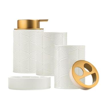 Imagem de Dispensador de sabão criativo conjunto de quatro peças de cerâmica para banheiro, incluindo dispensador de sabonete, copo de enxaguante bucal e dispensadores de pratos (branco)