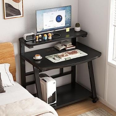 Imagem de Mesa de trabalho com rodinhas para computador, mesa de trabalho com suporte para monitor, bandeja de teclado, mesa de trabalho moderna para laptop com prateleiras para casa e escritório espaços