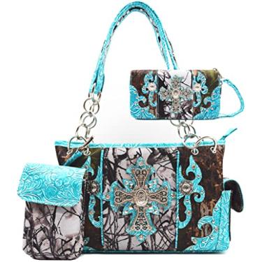 Imagem de Bolsa de camuflagem feminina estilo ocidental, cruzada, CCW, camuflada, bolsa de ombro, bolsa de ombro, conjunto de carteira combinando, Conjunto nº 2 turquesa, Large