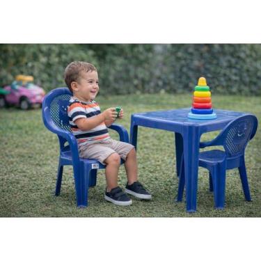 Imagem de Kit 1 Mesa e 2 Cadeiras Infantil Azul Perfeita Para Crianças Brincar, 