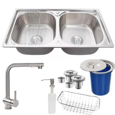 Imagem de Cuba Dupla Gourmet Inox 304 + Kit Lixeira E Torneira Gourmet - Stillus