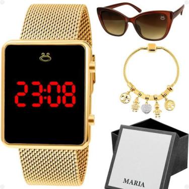 Imagem de relogio feminino dourado banhado led + oculos + caixa + pulseira gatin