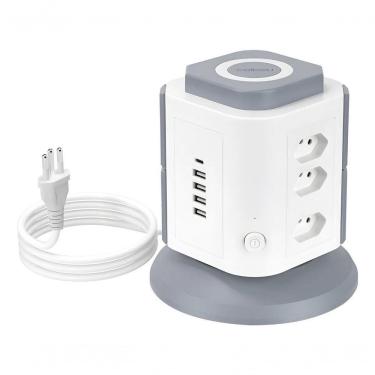 Imagem de Torre de Tomadas Série Luar com 9 Entradas 4 USB Type-C Carregamento sem Fio Proteção Preto Coibeu