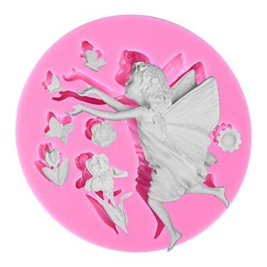 Imagem de FUNSHOWCASE Fada ou Anjo com Flores Molde de Decoração de Bolo de Silicone, Para Decoração de Bolos Fondantes, Topo de Cupcake, Argila de Polímero, Artesanato, Epóxi de Resina, Joias Fazendo 8,5 x 8,5 x 1,5 cm