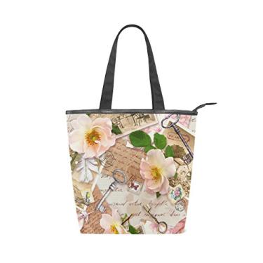 Imagem de Bolsa feminina de lona durável com estampa de aquarela, carimbos de chaves, flores de rosa, bolsa de ombro para compras