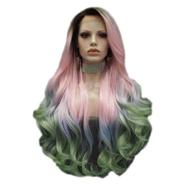 Imagem de Peruca de cabelo ondulado de fibra resistente ao calor e verde rosa