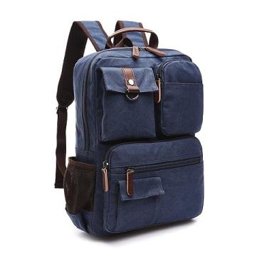 Imagem de Mochila De Lona Resistente Detalhe Em Couro Masculina Feminina Para Notebook 15.6 Urbana Estudo Camping Trabalho Tática Reforçada - ZAFIN (Azul)(Preto)