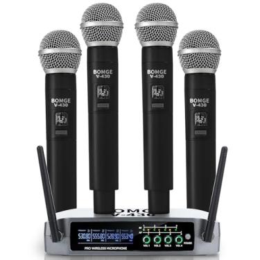 Imagem de BOMGE Sistema de microfone sem fio, conjunto de microfone sem fio Pro de 4 canais com quatro microfones de mão, frequência fixa, longo alcance, 60 m, ideal para igreja, karaokê, eventos (V430)