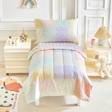 Imagem de Joyreap Jogo de cama infantil de algodão de 4 peças - design xadrez de flores coloridas, conjunto de edredom infantil para meninas, inclui edredom acolchoado, lençol de cima, lençol de cima e fronha