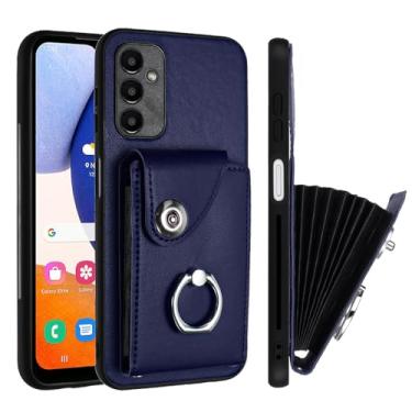 Imagem de COTDINFOR Capa para Samsung Galaxy A15 5G, Capa Carteira com Suporte em Couro PU e TPU, Azul Escuro com Design Militar, Porta-cartões Multifunções, Suporte de Anel Ajustável e Bloqueio Magnético