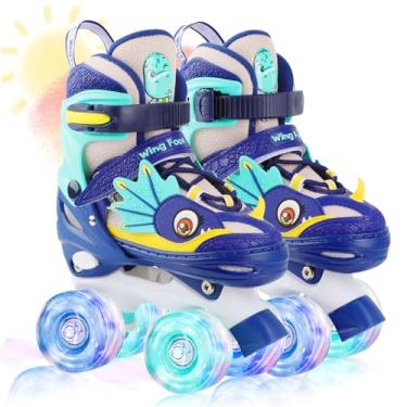 Imagem de Patins infantis Dino Kids para meninos e meninas, WESKIFAN Dinosaur Quad Skating Shoes com rodas brilhantes e tamanhos ajustáveis patins para iniciantes presentes de aniversário de Natal (azul, P (10~13J))