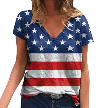 Imagem de Camiseta feminina com bandeira americana para o verão, 4 de julho, patriótica, listras estrelas, Memorial Day, camisetas casuais de manga curta, Azul, 4G