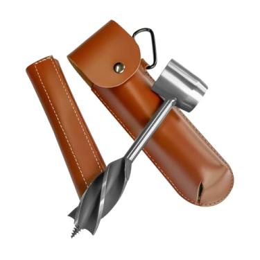 Imagem de Bushcraft Equipamento de sobrevivência, trado manual, furadeira de madeira de aço inoxidável, multiferramenta Scotch Eye Peg para sobrevivência e Bushcraft, com estojo protetor marrom e mosquetão