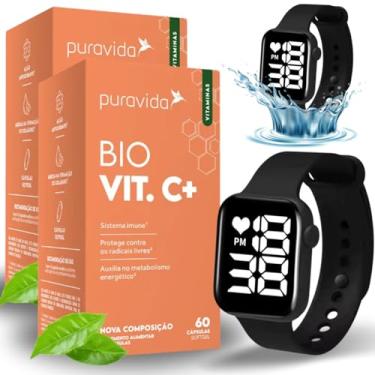 Imagem de Kit2x Puravida Bio Vit C 60 Cápsulas Acompanha Relógio Esportivo Aprova D'agua Preto