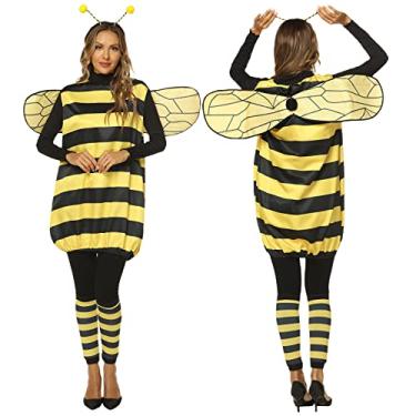 Imagem de LouVasabuce Halloween Yellow Honey Bee Cosplay Costume For Adult/Kids 4pcs Party Accessories Headdress+Striped Top+Wings+Socks (Yellow-Adult, X-Large)